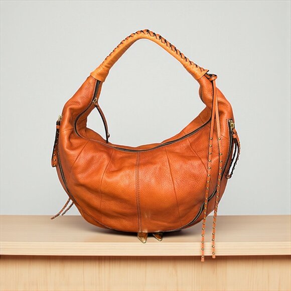 orYANY Jasmine Hobo Congac Pebbled Leather Shoulder Bag Slouchy Studded Tassels - Picture 3 of 12